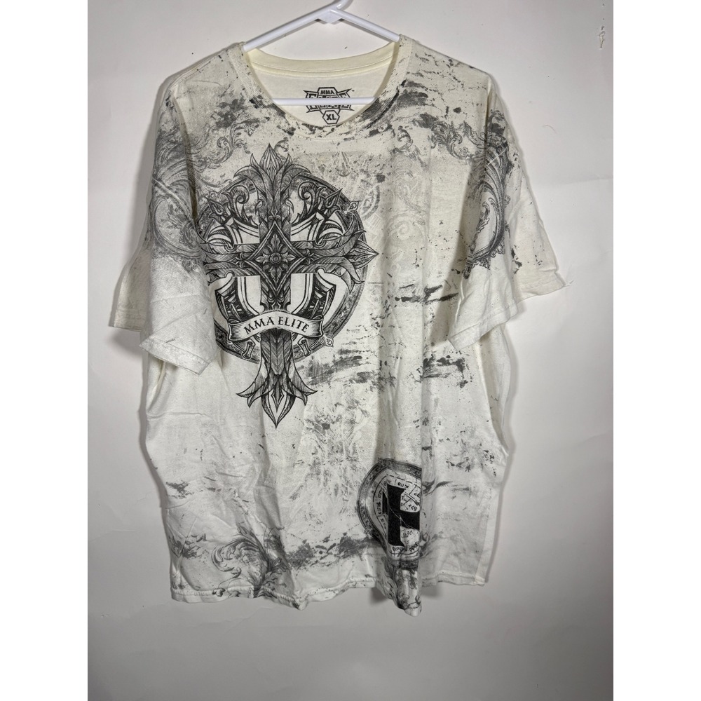 MMA Elite Mens XL Cream Gothic Cross Graphic T-Shirt Y2K Distressed Print Grunge